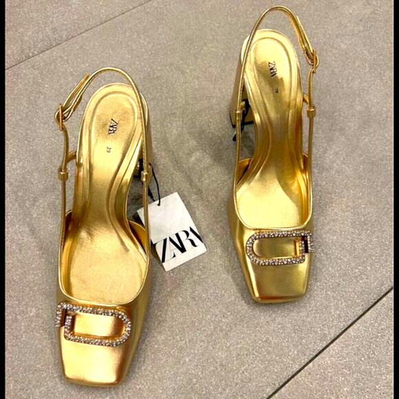 ZARA BLOGGER FAVE!!! Gold Square Toe Slingback Pumps ✨ Size 6.5 & 7.5 NWT - Picture 6 of 16